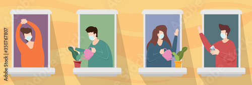 Man and Woman wearing face mask standing at windows condominium while looking outside for quarantine. People stay home as social distancing to protect from COVID-19 Coronavirus outbreak. vector.