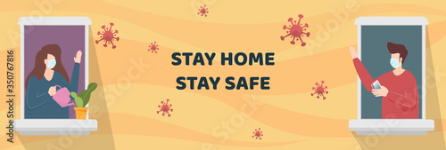 Man and Woman wearing face mask standing at windows condominium while looking outside for quarantine. People stay home as social distancing to protect from COVID-19 Coronavirus outbreak. vector.