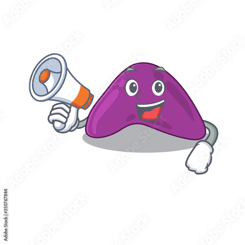 Mascot design of adrenal announcing new products on a megaphone