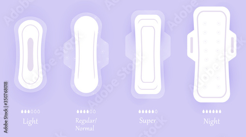 Women hygiene pads. Set of vector icons isolated on violet background with shadow. Different sizes of feminine sanitary napkin products. Personal hygiene elements in flat style.