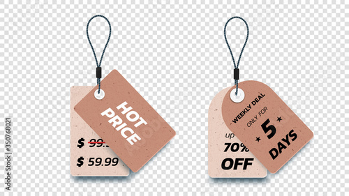 Realistic Carton Hanging Sale Tags. Set Of Isolated Vector Paper Sale Labels. Christmas Sale Tags. Vector Design Elements