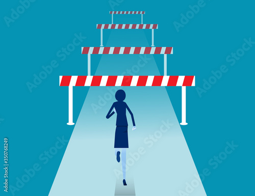 Face front of many obstacles. Barriers on the way to success concept. Flat vector cartoon style