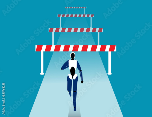 Robot face front of many obstacles. Barriers on the way to success concept. Flat vector cartoon style