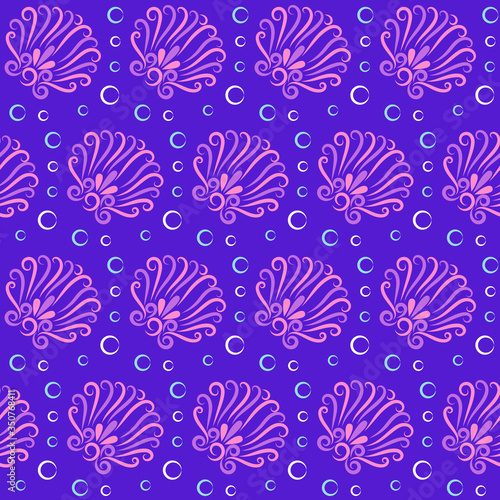 Stylized shell and bubbles vector seamless pattern. Ornate Sea Inhabitants seamless texture. Undersea world. Textile, wrapping paper, wallpaper design, packaging. Pink and purple color. Illustration.