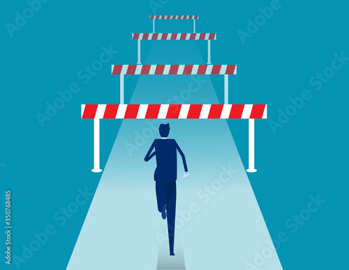 Face front of many obstacles. Barriers on the way to success concept. Flat vector cartoon style