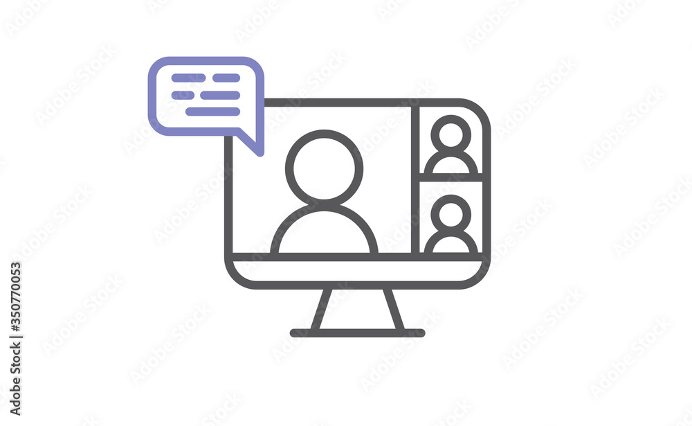 Video conference icon. Teleconference with people on computer screen. Home office in quarantine. Digital talk. Internet teaching media communication. Video conference icon. Teleconference with people on computer screen. Home office in quarantine. Digital talk. Internet teaching media communication.