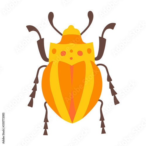 Stock Vector Graphics yellow striped beetle. Tropical small insect. Exotic beetle on a white background. T-shirt printing, print design, flat design, sticker, flat design.