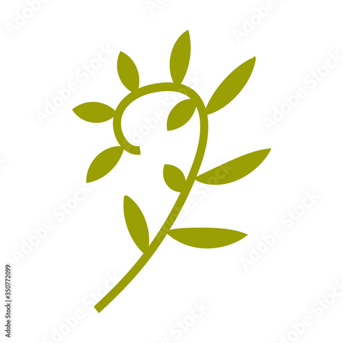 Stock Vector Graphics Green branch of creeper. Tropical little branch with leaves. Exotic plant on a white background. T-shirt printing, print design, flat design, sticker, flat design.