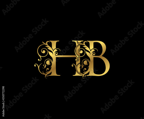 Luxury Gold H, B and HB Letter Floral logo. Vintage Swirl drawn emblem for weeding card, brand name, letter stamp, Restaurant, Boutique, Hotel.