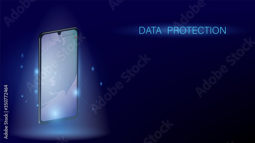 Glowing smartphone. Online concept, protection of personal data on the network. Mobile Security Vector. Dark blue banner, template