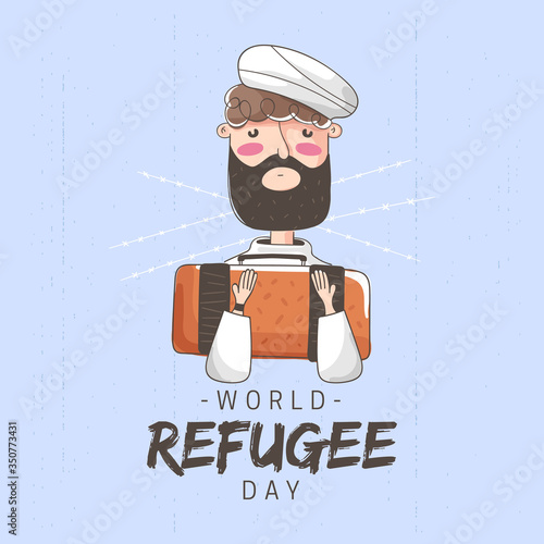 Illustration of man holding suitcase for world refugee day