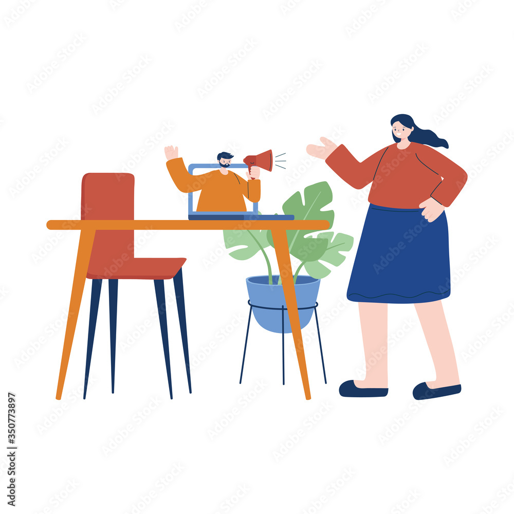 Woman and man with laptop on desk vector design