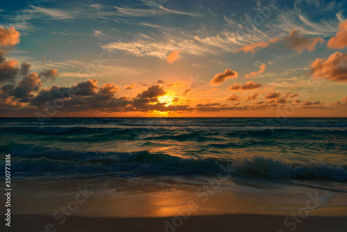 Sunset on the Caribbean Sea. Blue-orange shades.