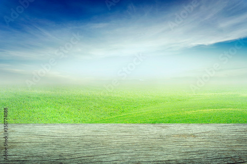 Old wooden board background and green grass field on hills and blue sky with white cloud.