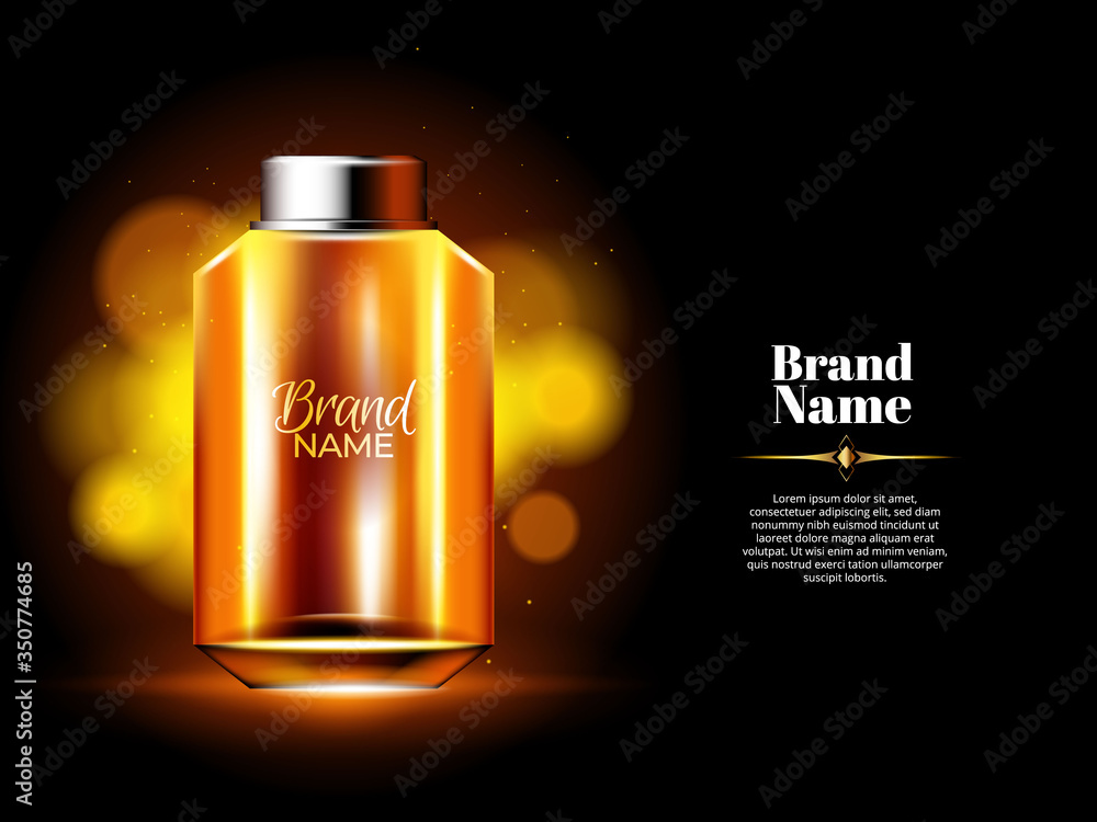 Oil perfume bottle with gold background and lights Oil perfume bottle with gold background and lights