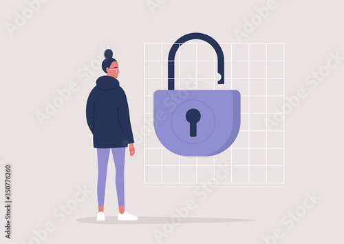 End of the quarantine, young female character standing next to an open lock, lifestyle illustration