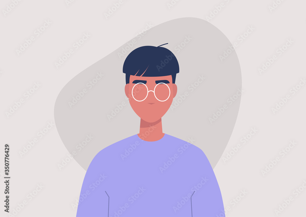 A portrait of a young character wearing a bowl cut A portrait of a young character wearing a bowl cut