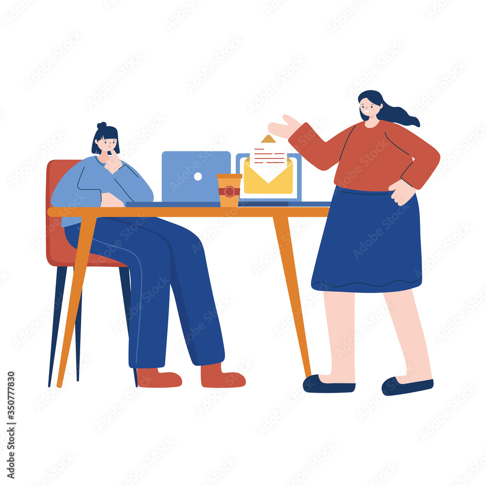 Women with laptop and coffee mug on desk vector design Women with laptop and coffee mug on desk vector design