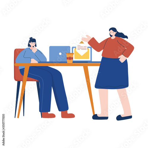 Women with laptop and coffee mug on desk vector design