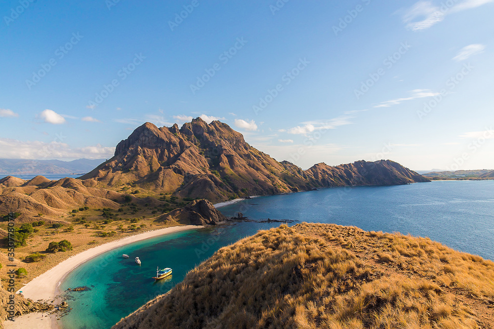 Top view of Padar Island at the morning in summer from the high point of Padar Island, Indonesia. This is the most beautiful viewpoint that travelers around the world have come to see themselves.
