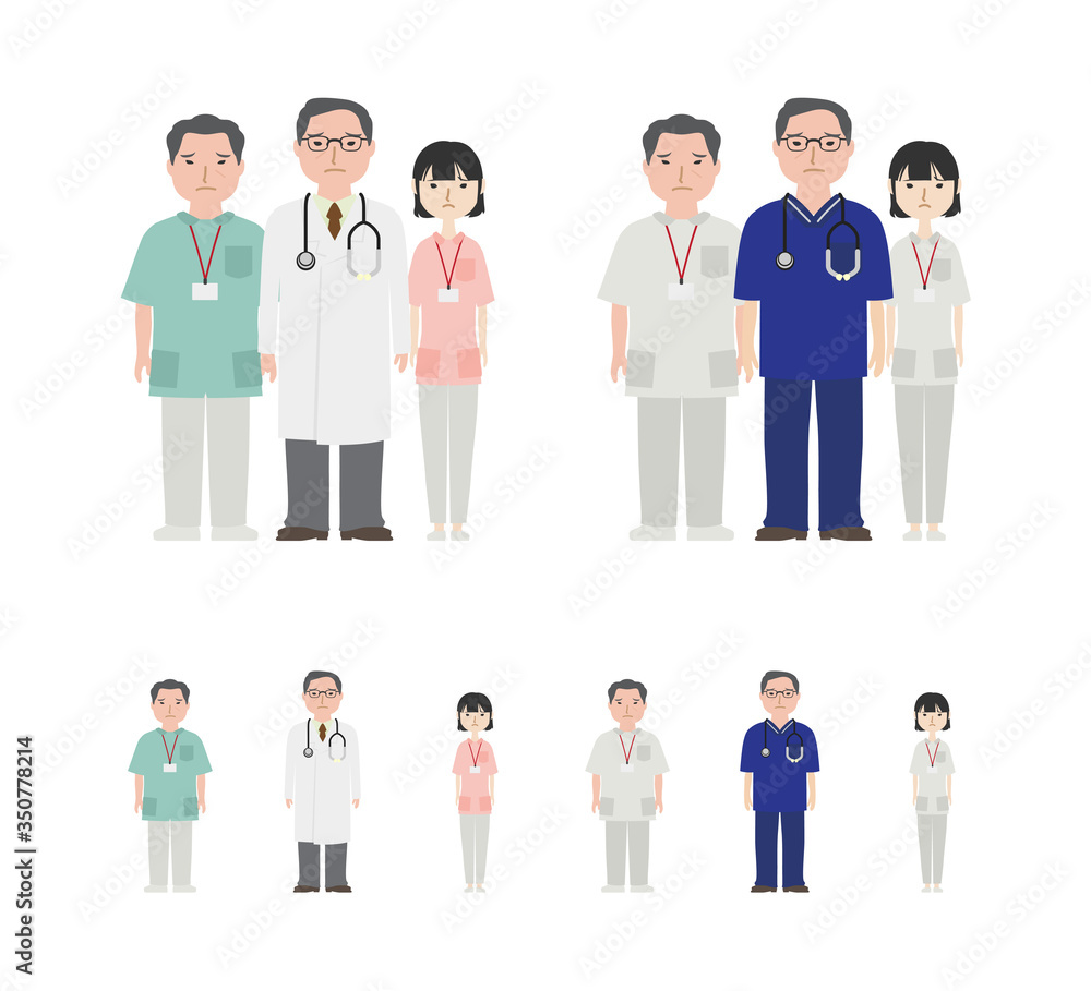 困り顔の熟練医師と看護師たち
困り顔の熟練医師と看護師たち