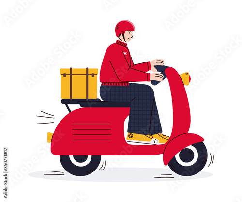 Cartoon courier riding red delivery scooter - vector illustration