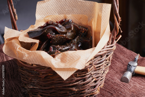 Wicker basket containing homemade bonfire toffee,the image was shot close up. photo