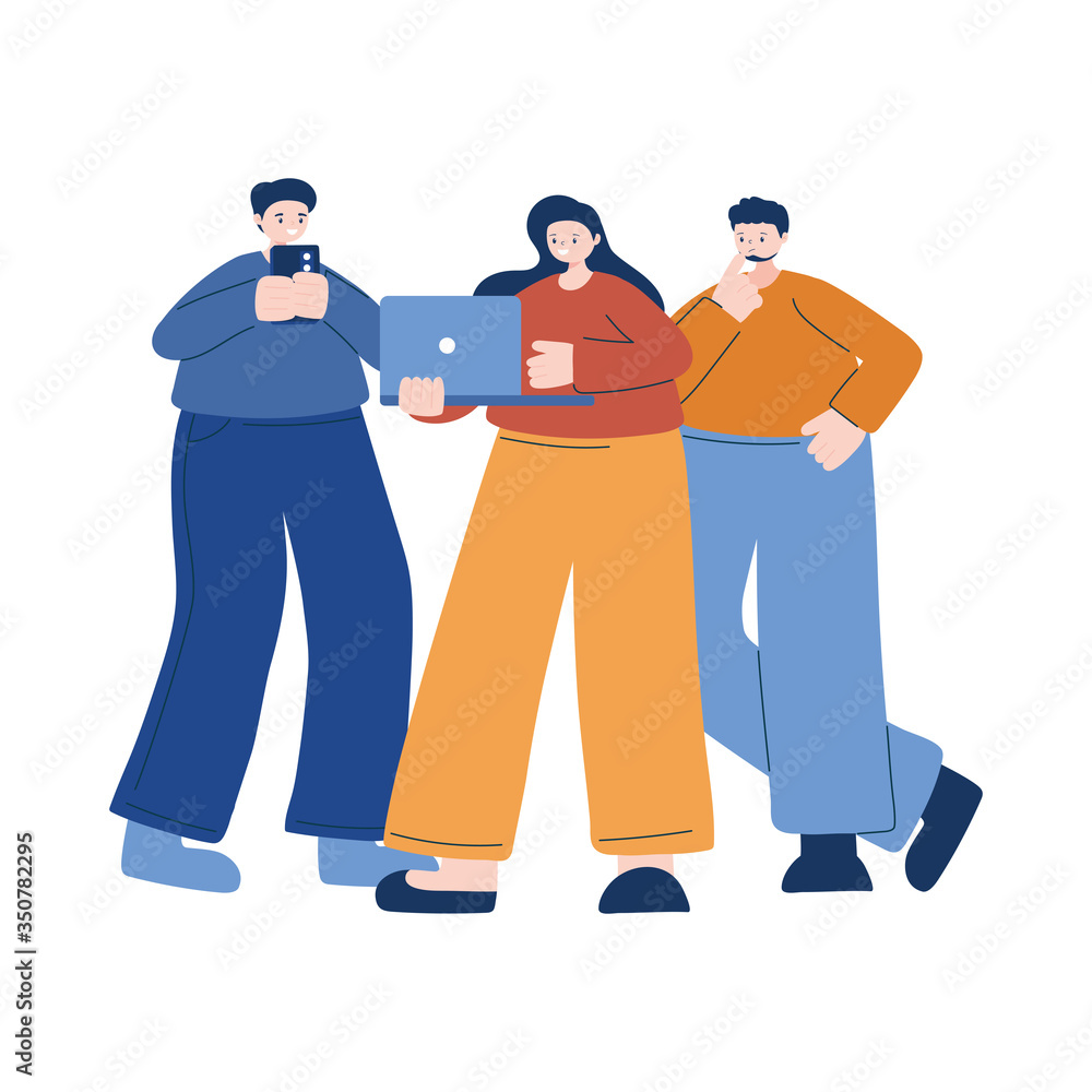 Woman and men with laptop and smartphone vector design Woman and men with laptop and smartphone vector design