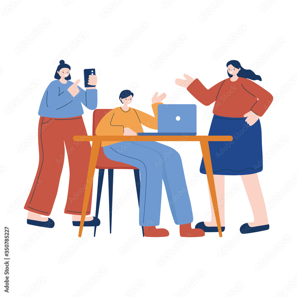 Women and man with laptop on desk vector design