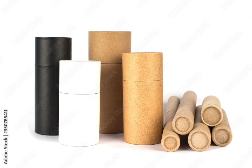 Set of biodegradable recycling paper tubes of different sizes as alternative packaging concept, reusable cardboard containers for packaging isolated on white background with copyspace, mockup Set of biodegradable recycling paper tubes of different sizes as alternative packaging concept, reusable cardboard containers for packaging isolated on white background with copyspace, mockup