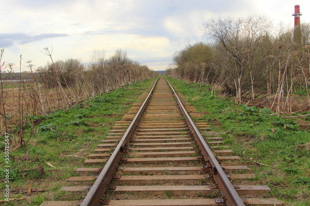 The railway stretching into the distance against the background of young green grass and trees in spring.