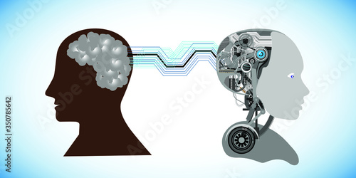 Concept of Artificial intelligence and machine learning, illustration of teaching human brain intelligence to machines through machine learning practices  