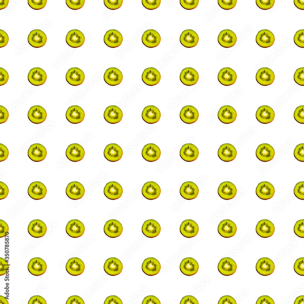 Seamless endless pattern of juicy green slices of kiwi fruit isolated on white background. Design for wrapping paper, fabric and wallpaper. Seamless endless pattern of juicy green slices of kiwi fruit isolated on white background. Design for wrapping paper, fabric and wallpaper.
