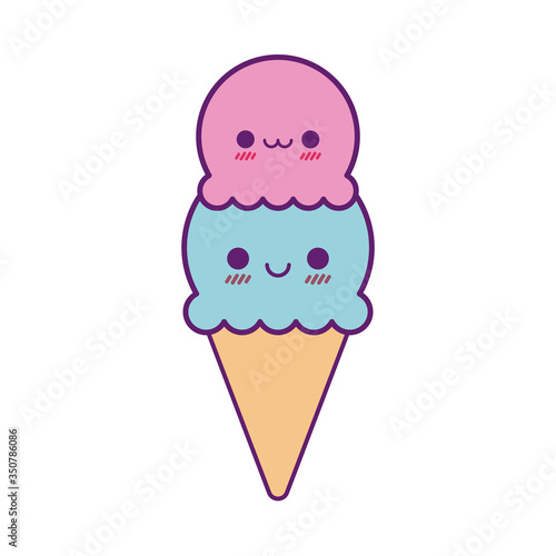 Kawaii ice cream cone cartoon line and fill style icon vector design