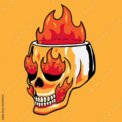burned hollow skull with blaze fire out of the hole handrawn vector illustration