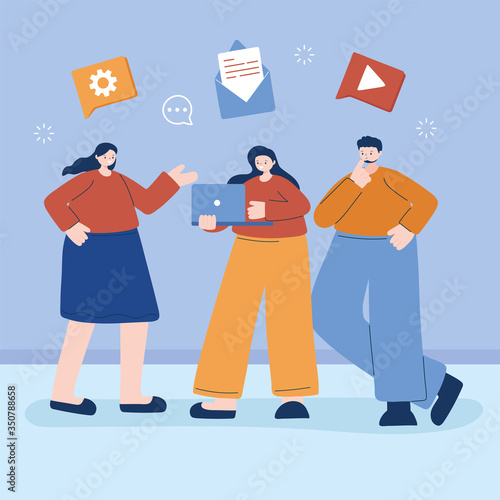 Man and women with digital icon set vector design