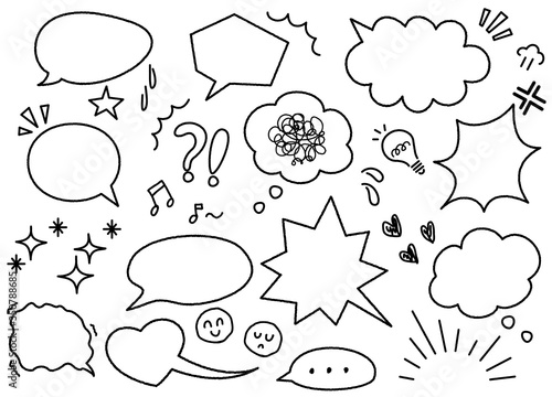 吹き出しとリアクション　手描き風　モノクロ　セット