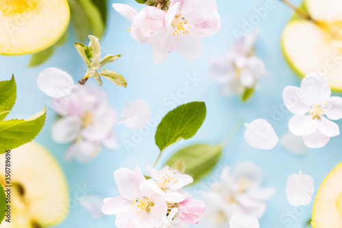 Apples, flowers and leaves of an apple tree in flight. Fresh spring texture leaves of different sizes on a blue background. The concept of spring flowering or packaging of juice.