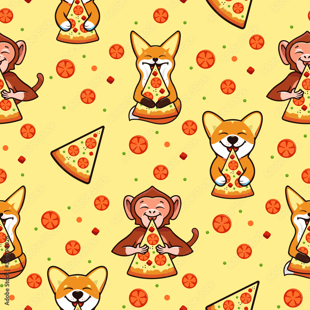Naklejka premium Pizza seamless pattern, texture, print, surface with animals