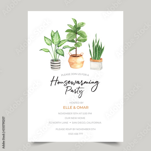 Housewarming party invitation template with watercolor indoor plant illustration 