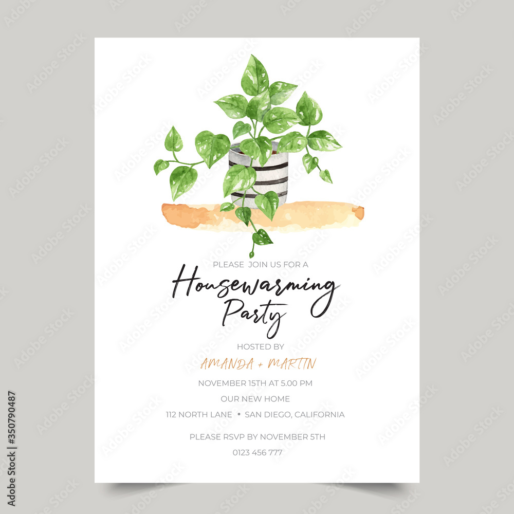 Housewarming party invitation template with devil's ivy watercolor urban plant illustration
