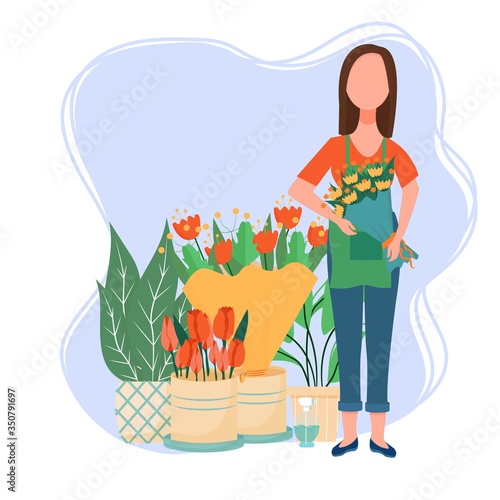Attractive woman standing and holding bouquet of flowers in hands. Florist, flower shop service concept stock vector illustration isolated on white background.