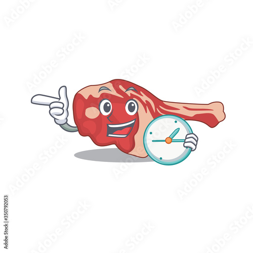 mascot design style of leg of lamb standing with holding a clock