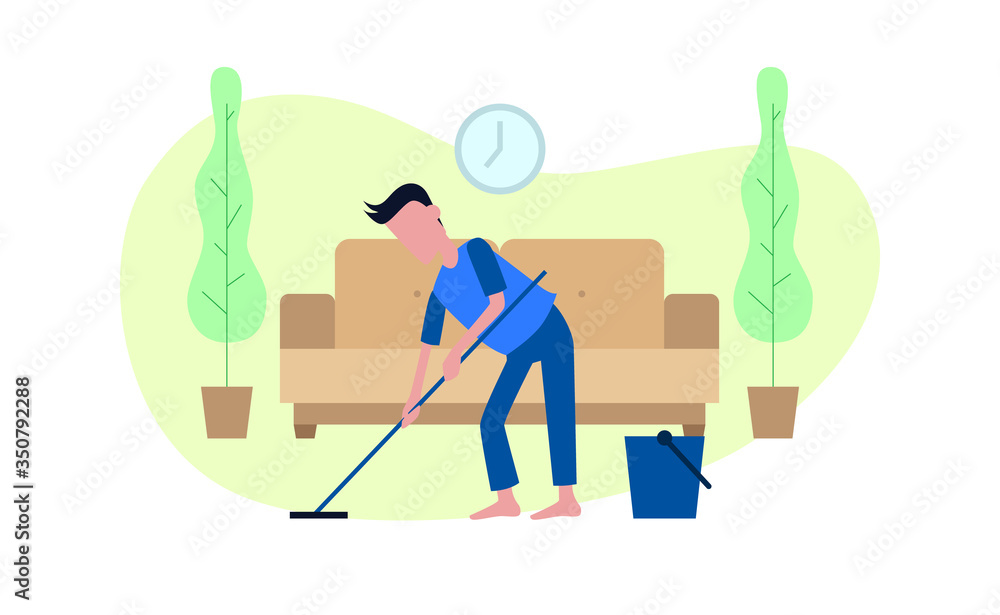 Fototapeta premium man cleaning floor with mop up indoor home at quarantine.