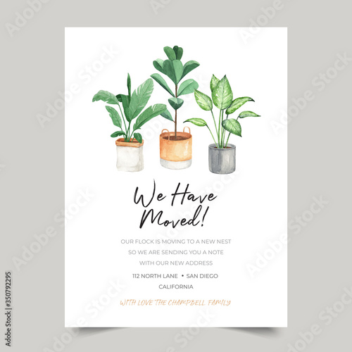 We have moved card template, moving announcements with watercolor indoor plants decoration