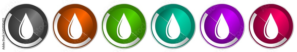 Water drop icon set, silver metallic chrome border vector web buttons in 6 colors options for webdesign Water drop icon set, silver metallic chrome border vector web buttons in 6 colors options for webdesign