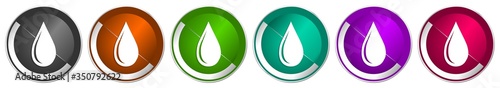 Water drop icon set, silver metallic chrome border vector web buttons in 6 colors options for webdesign