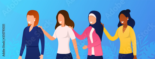 Women of different nationalities and cultures stand together Support each other The concept of female friendship and feminism International sisterhood. Colorful Illustration of empowerment Flat Vector