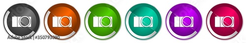 Mirrorless camera icon set, photography silver metallic chrome border vector web buttons in 6 colors options for webdesign