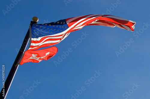 View up at American Flag blowing in the wind photo